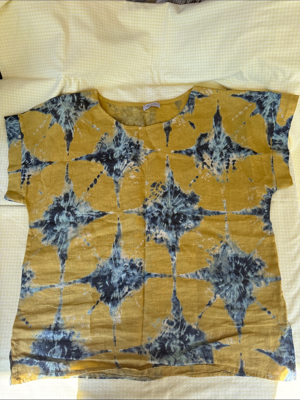 Tie-Dye Short Sleeve Blouse in Mustard and Navy